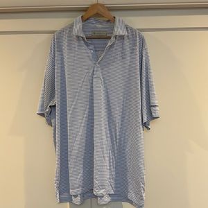 Men’s Blue & White Stripe Golf Polo with Crosswater Golf Club Logo.